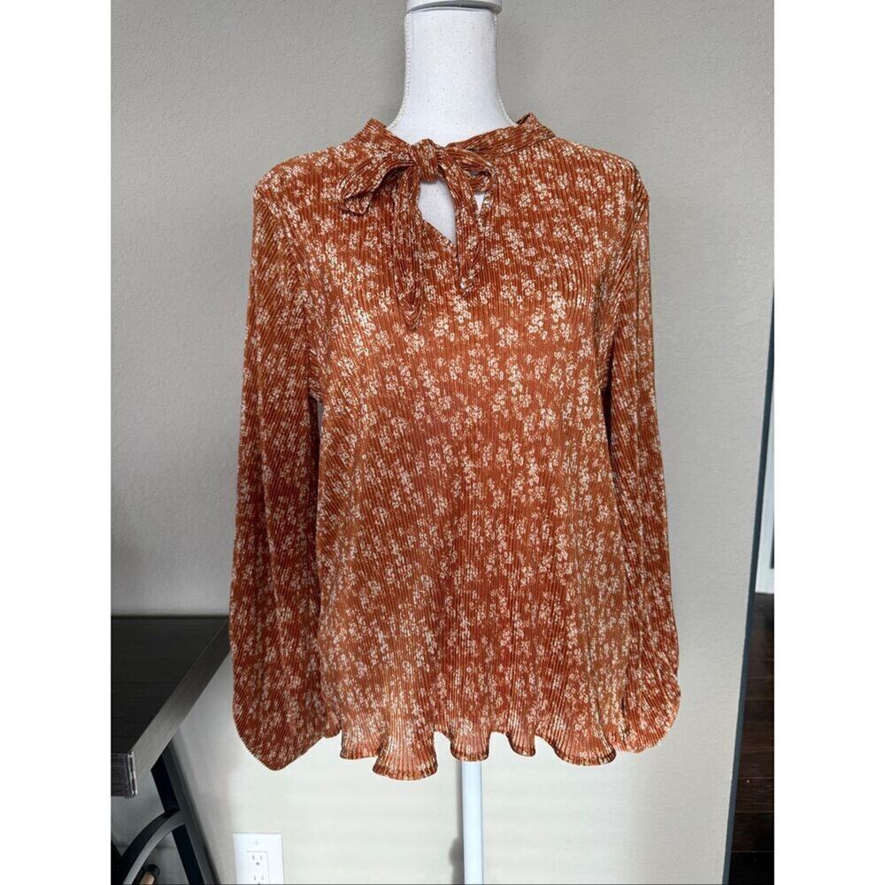 Hayden Neck Tie Orange Floral Silky Blouse Small